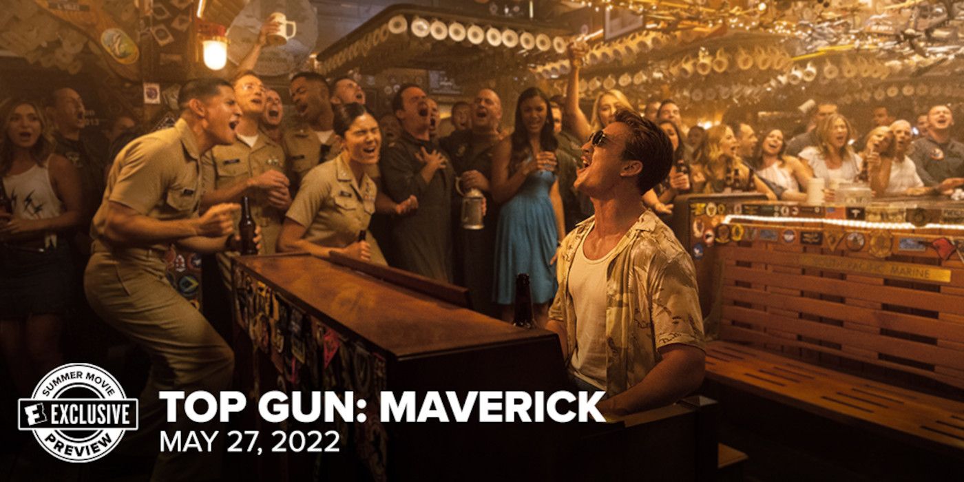 Scene from Top Gun Maverick where Miles Teller as Rooster sits at a bar piano singing in Navy uniform and aviator shades