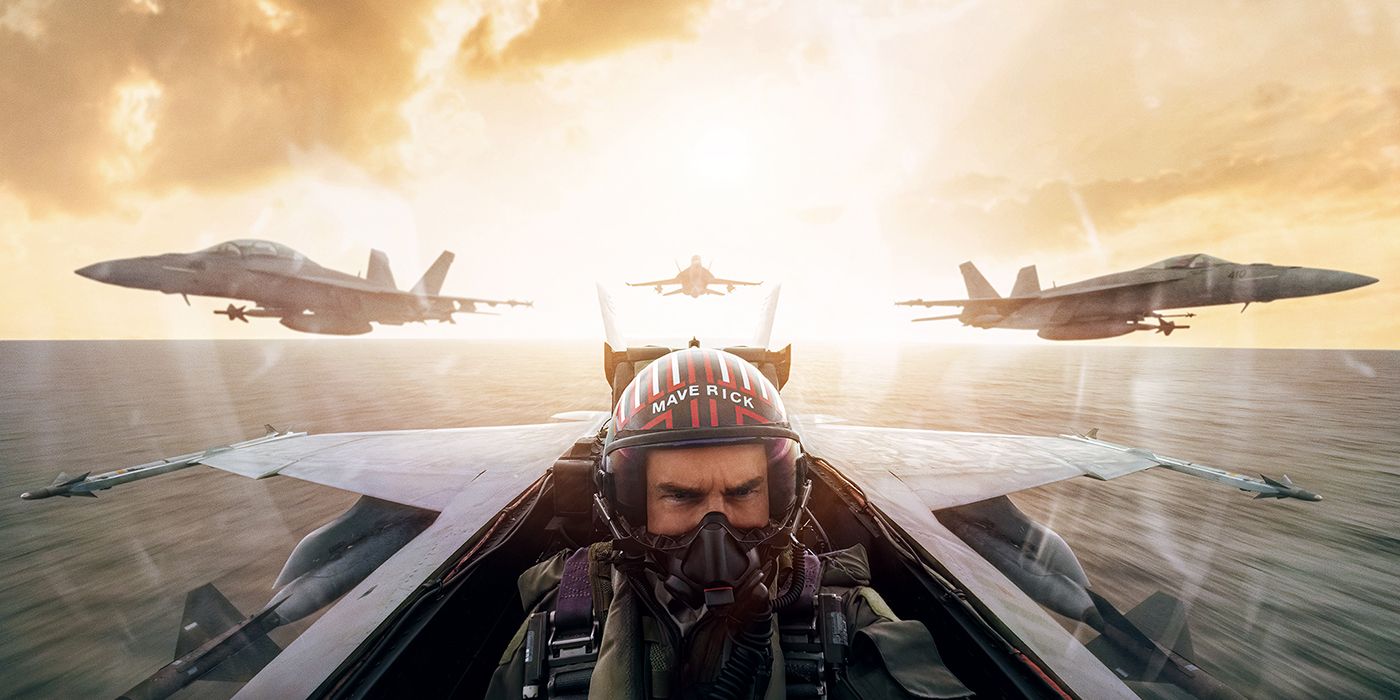 Maverick flying a jet with three jets behind him in Top Gun: Maverick