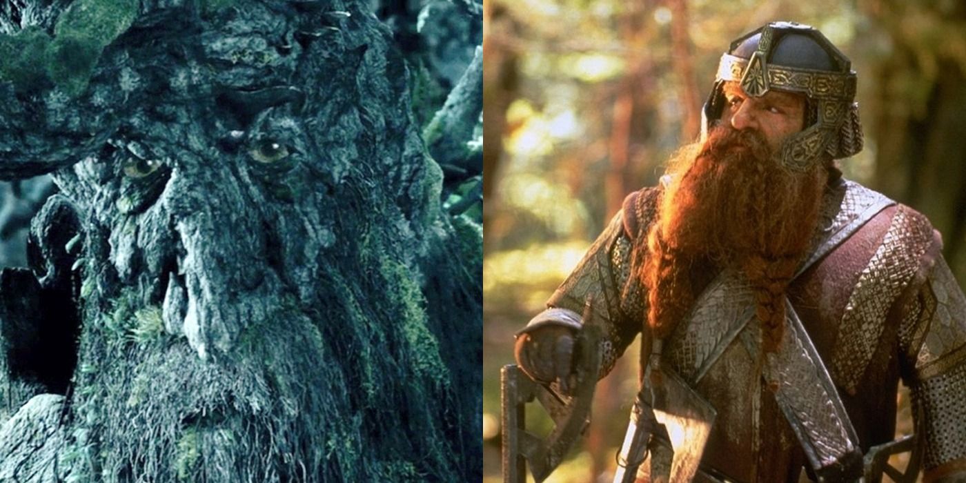 A split image showing Treebeard on the left and Gimli on the right from Lord of the Rings