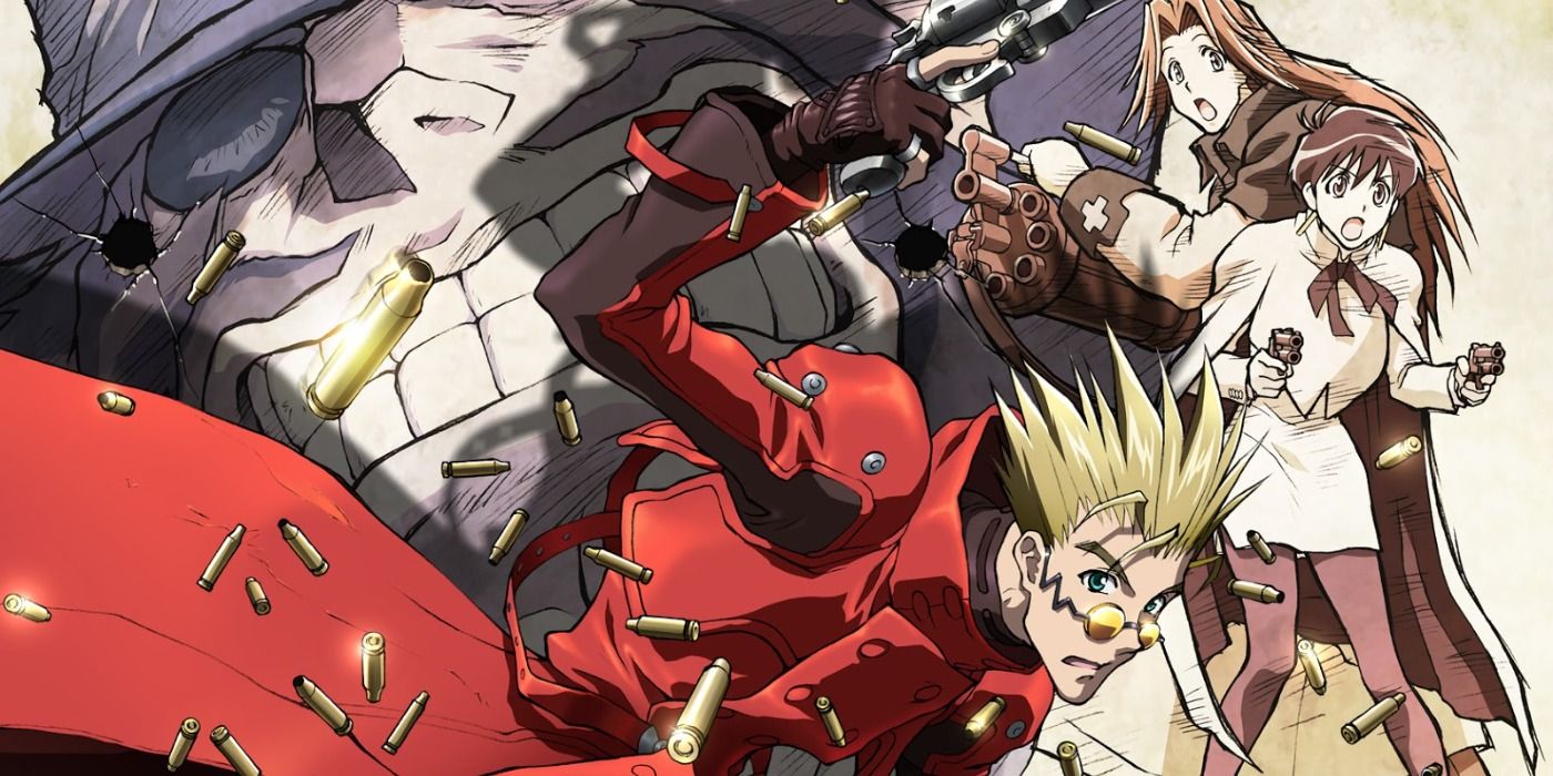 Vash with bullet shells falling out of his gun and the supporting cast behind him in Badlands Rumble key art.