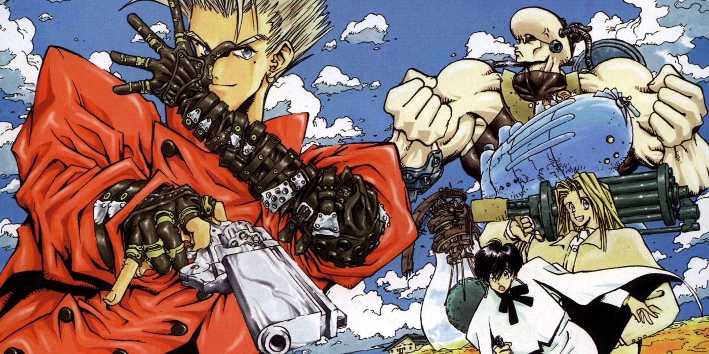 Vash aiming his gun with Trigun's supporting cast in the background of Trigun cover art.