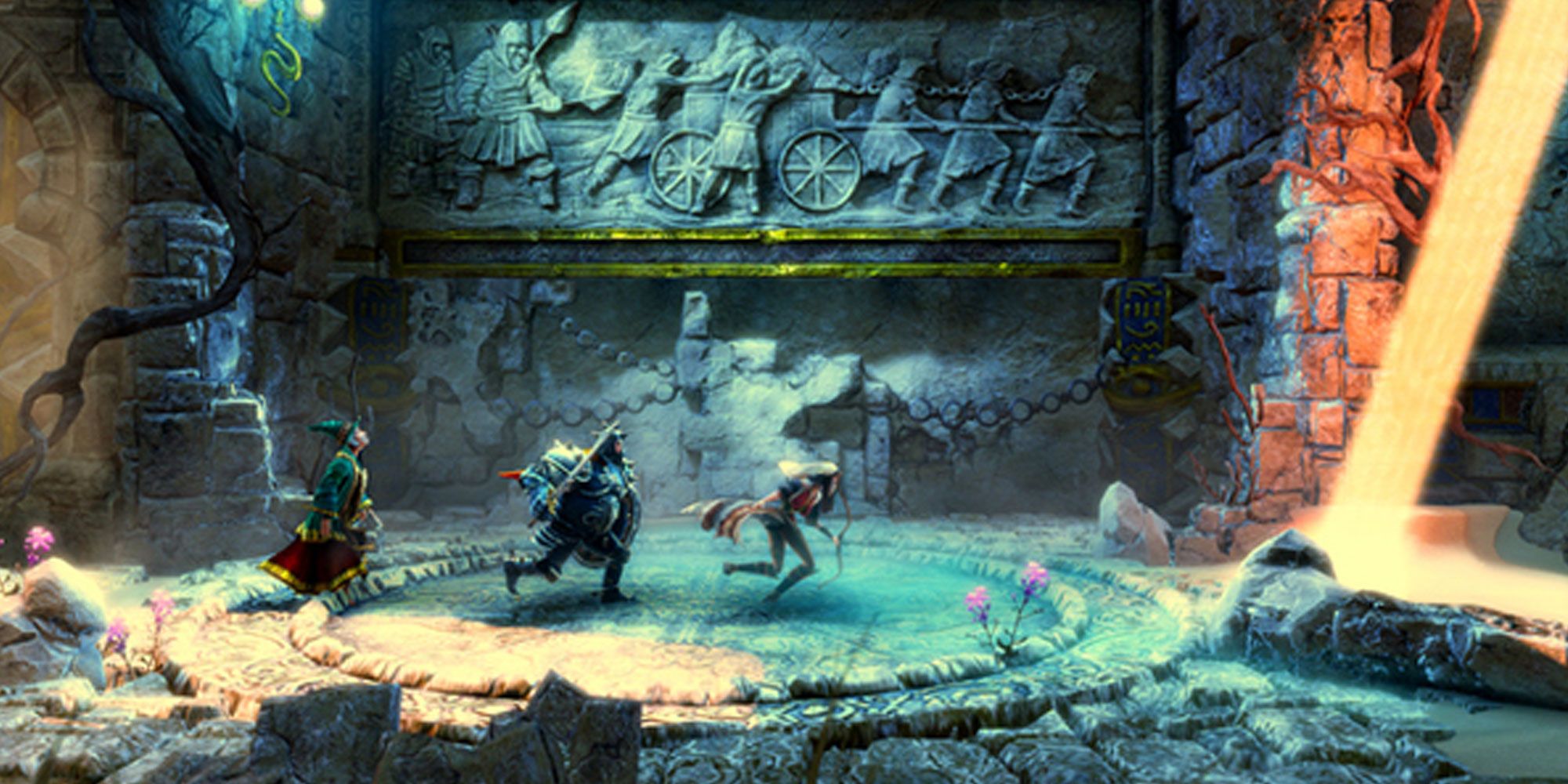Three characters explore a temple level from the game Trine 