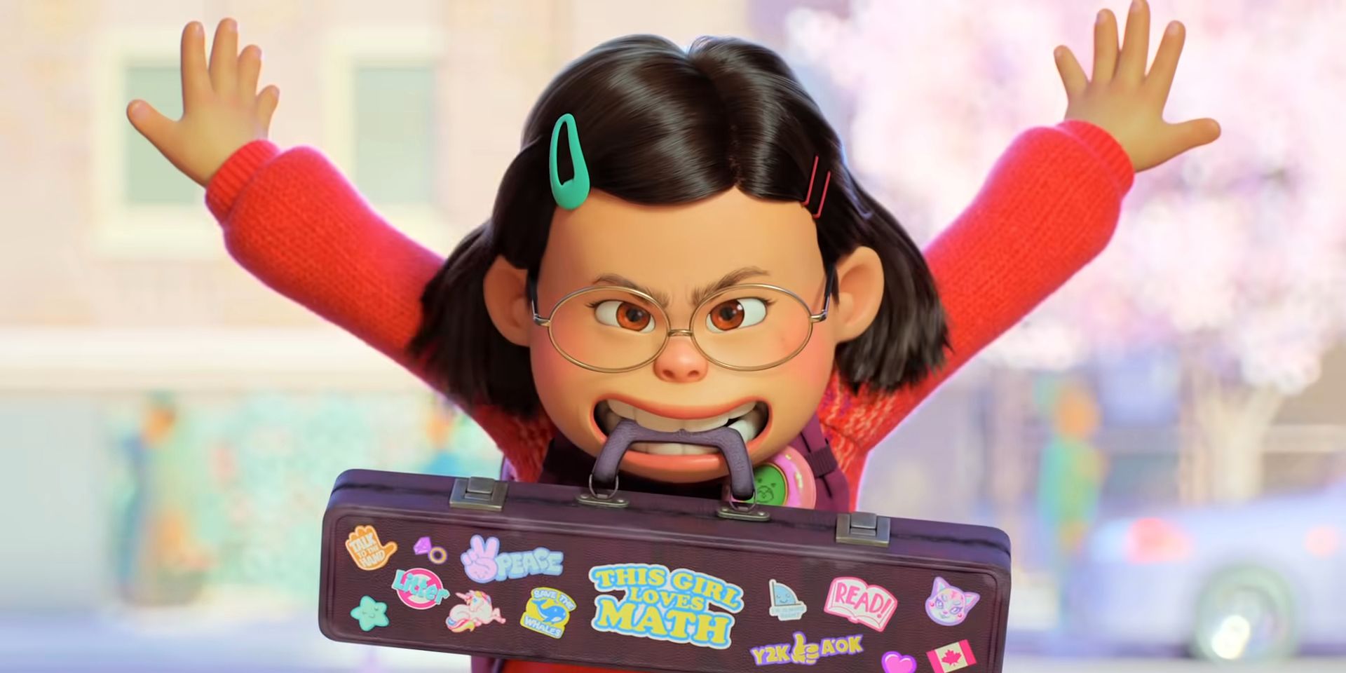 Mei holding her flute case in her mouth and posing dramtically