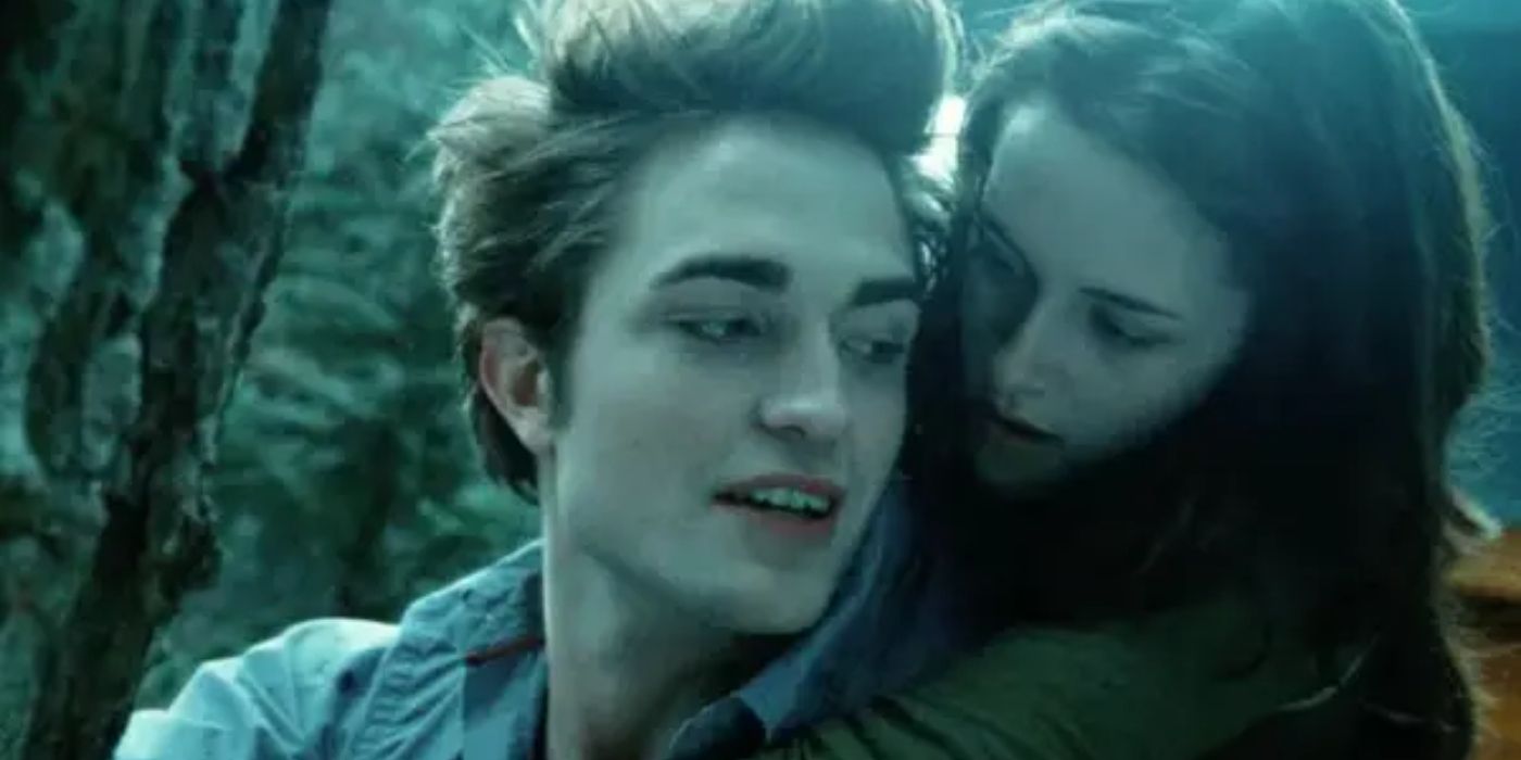 Bella holding onto Edward and flying in Twilight