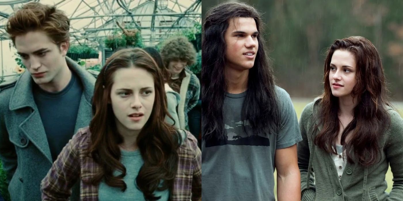 Split image of Edward and Bella and Jacob and Bella in Twilight