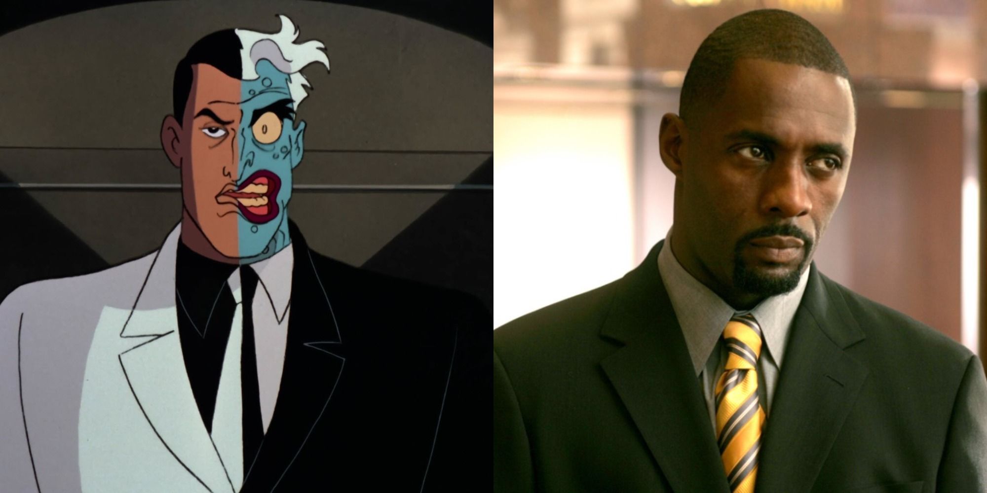 Split image of Two-Face in Batman: The Animated Series and Idris Elba in The Wire