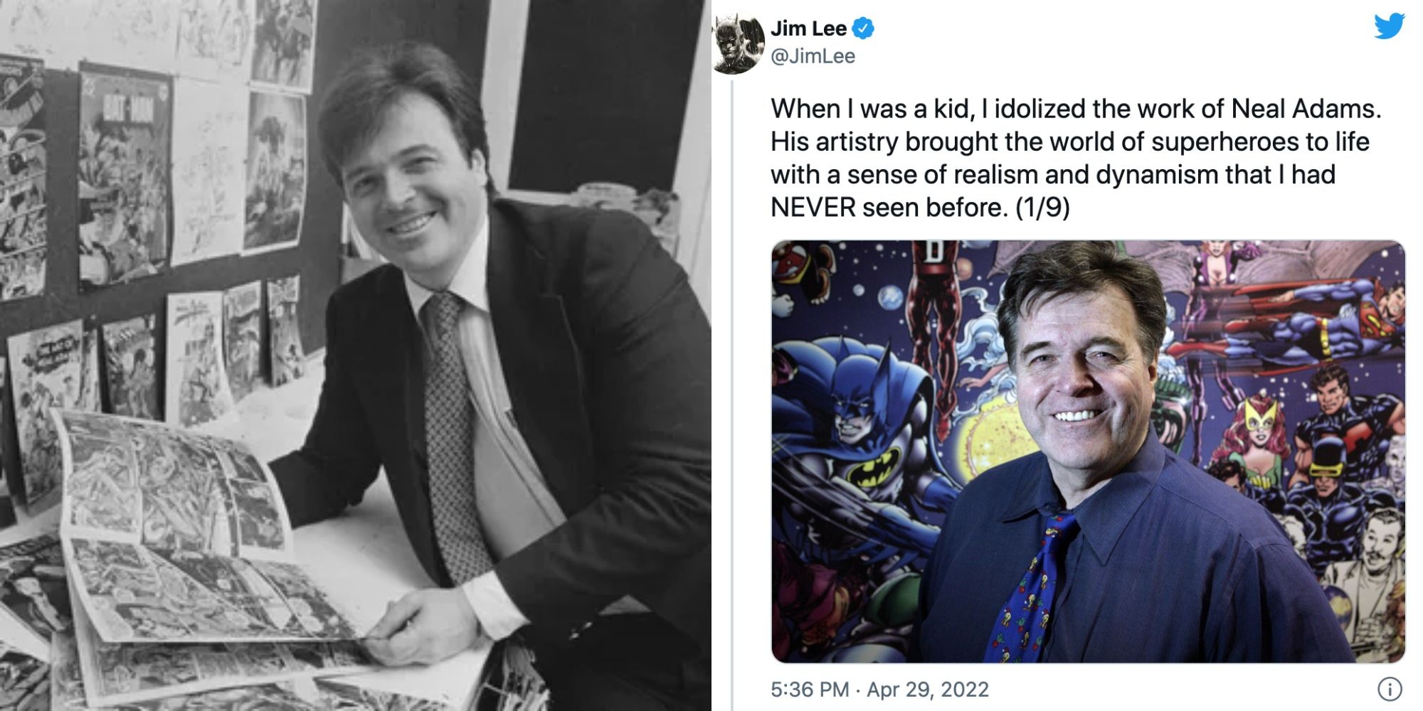 Two side by side images of Neal Adams and tweet honouring him after passing