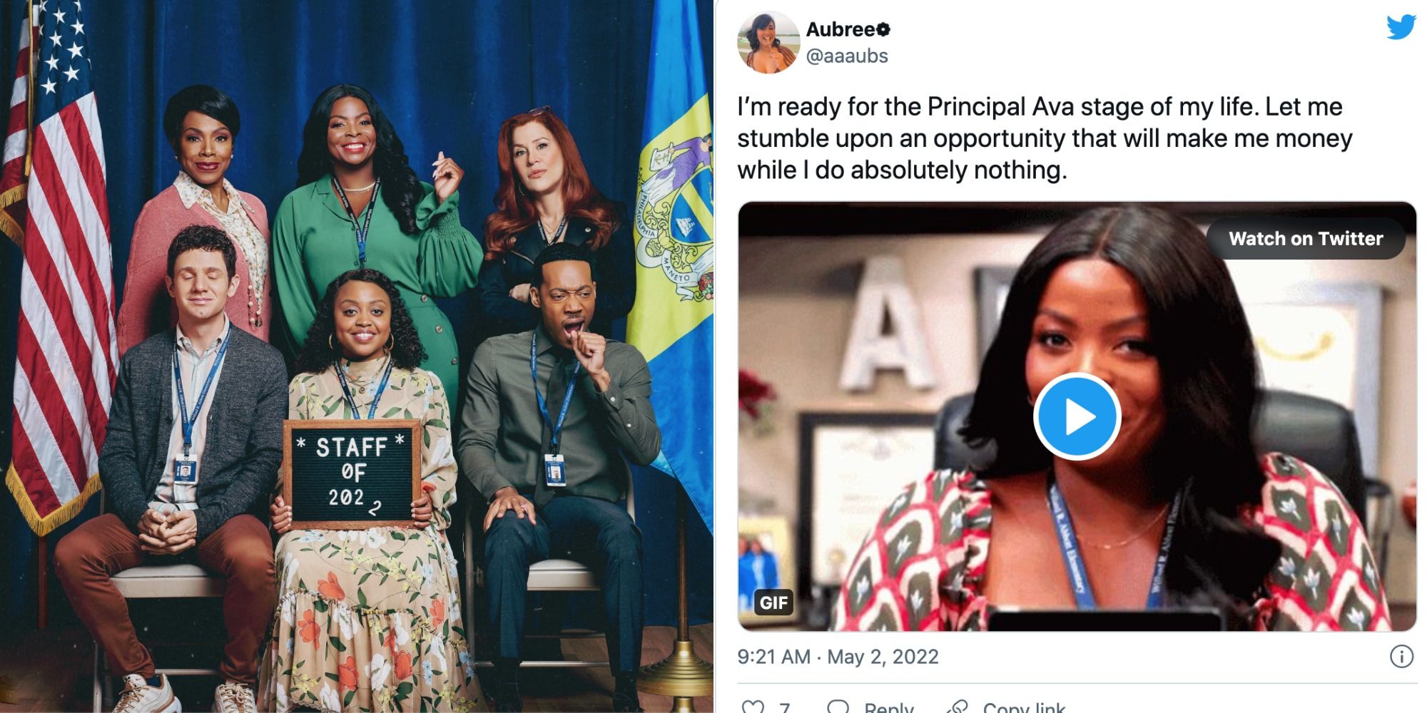 Two side by side images of some of the cast of Abbott Elementary and a tweet about the show