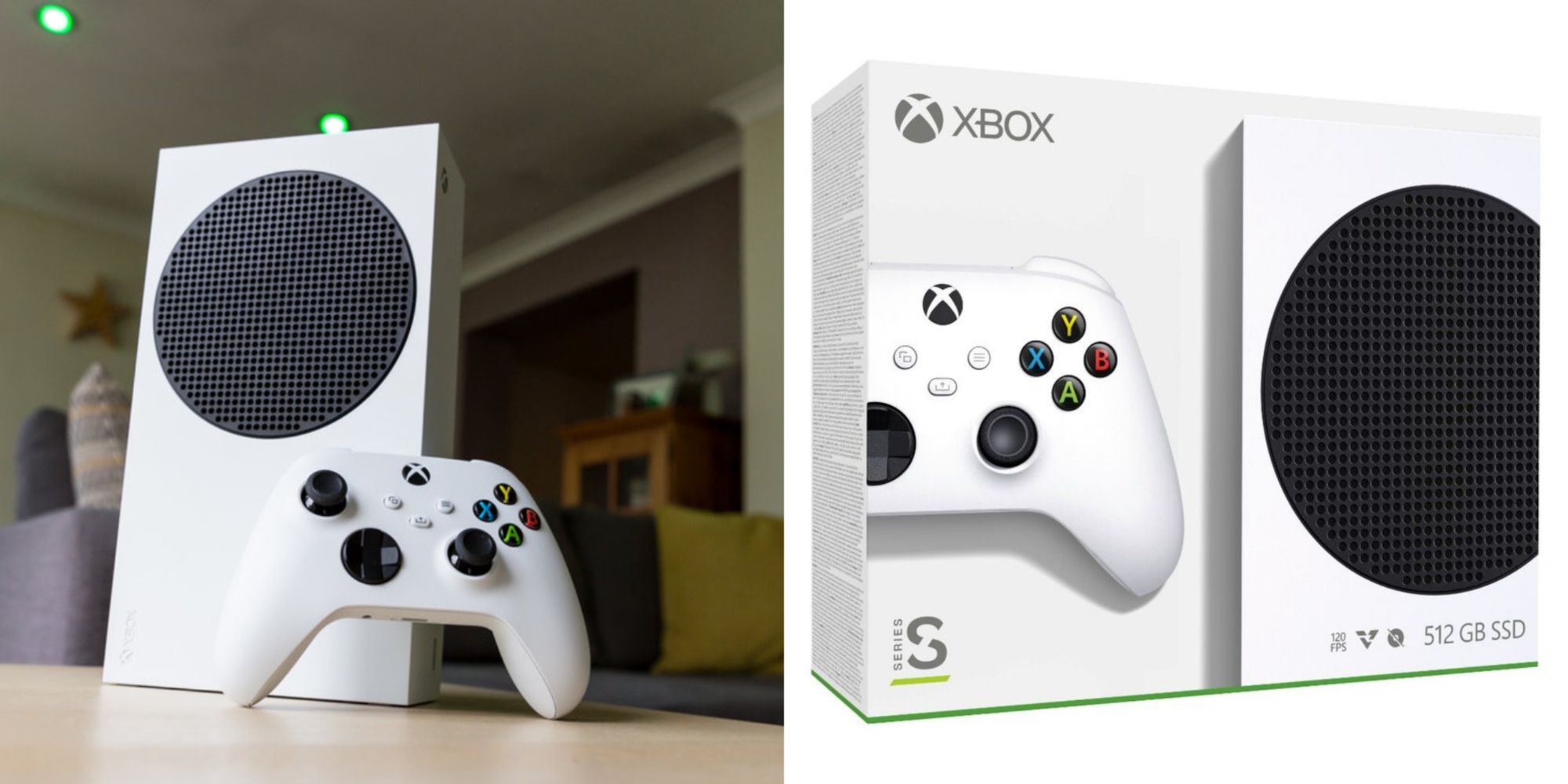 Two side by side images of the Xbox Series S