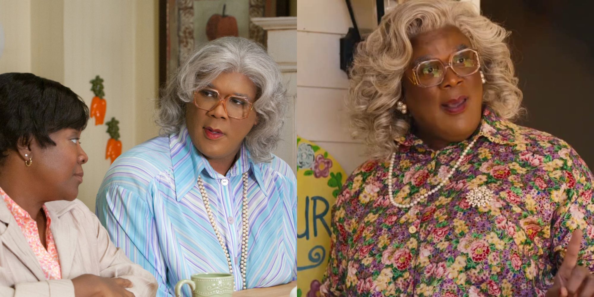 Split image showing Madea in Madea's Big Happy Family and A Madea Homecoming.