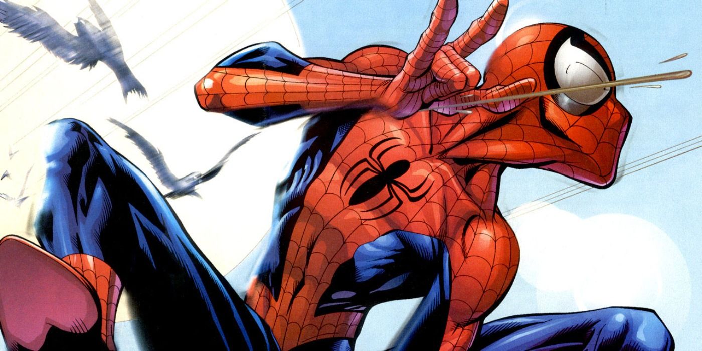 Spider-Man swinging through the air in Ultimate Spider-Man cover art.