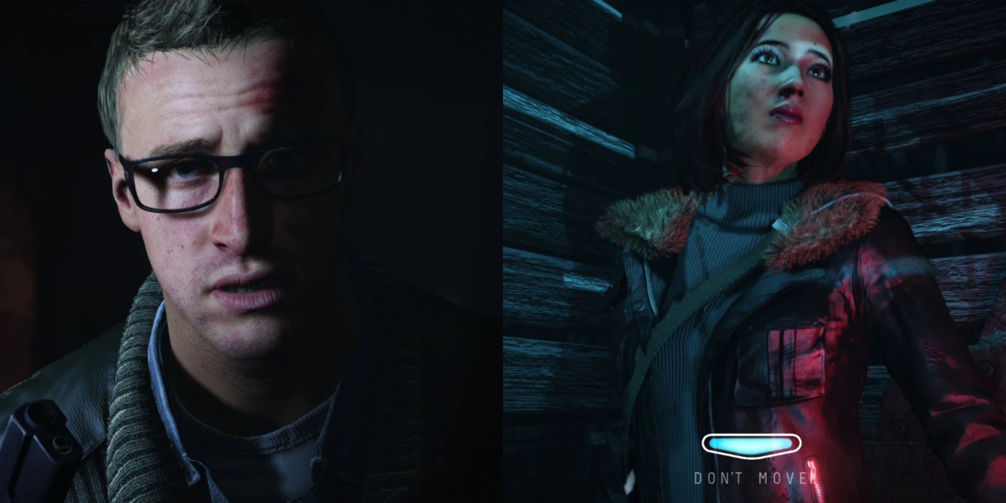 Split image showing Chris and Emily in Until Dawn.