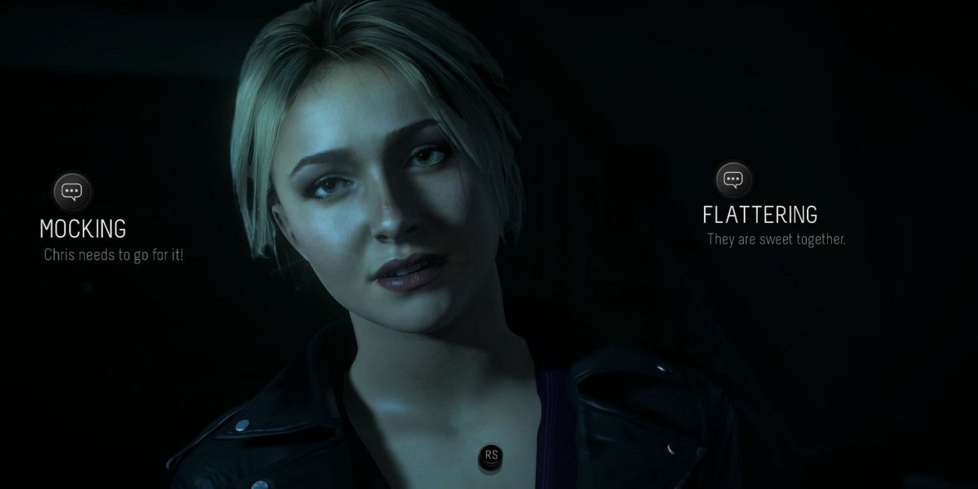 Sam looking serious with several dialogue prompts on the screen in Until Dawn.