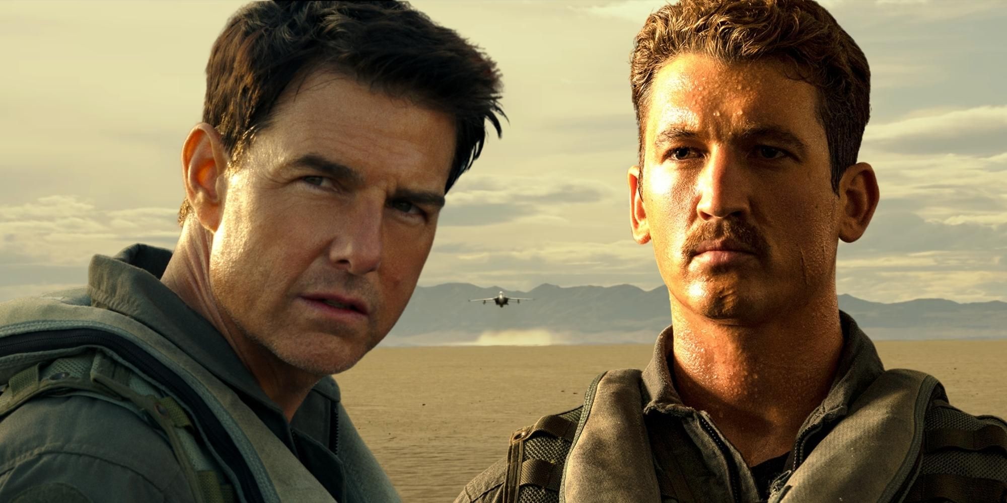 A composite image of Tom Cruise as Maverick looking on imposed over an image of Miles Teller from Top Gun Maverick