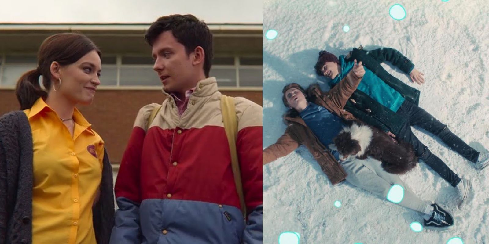 Maeve and Otis talking outside of school and charlie and nick lay in the snow