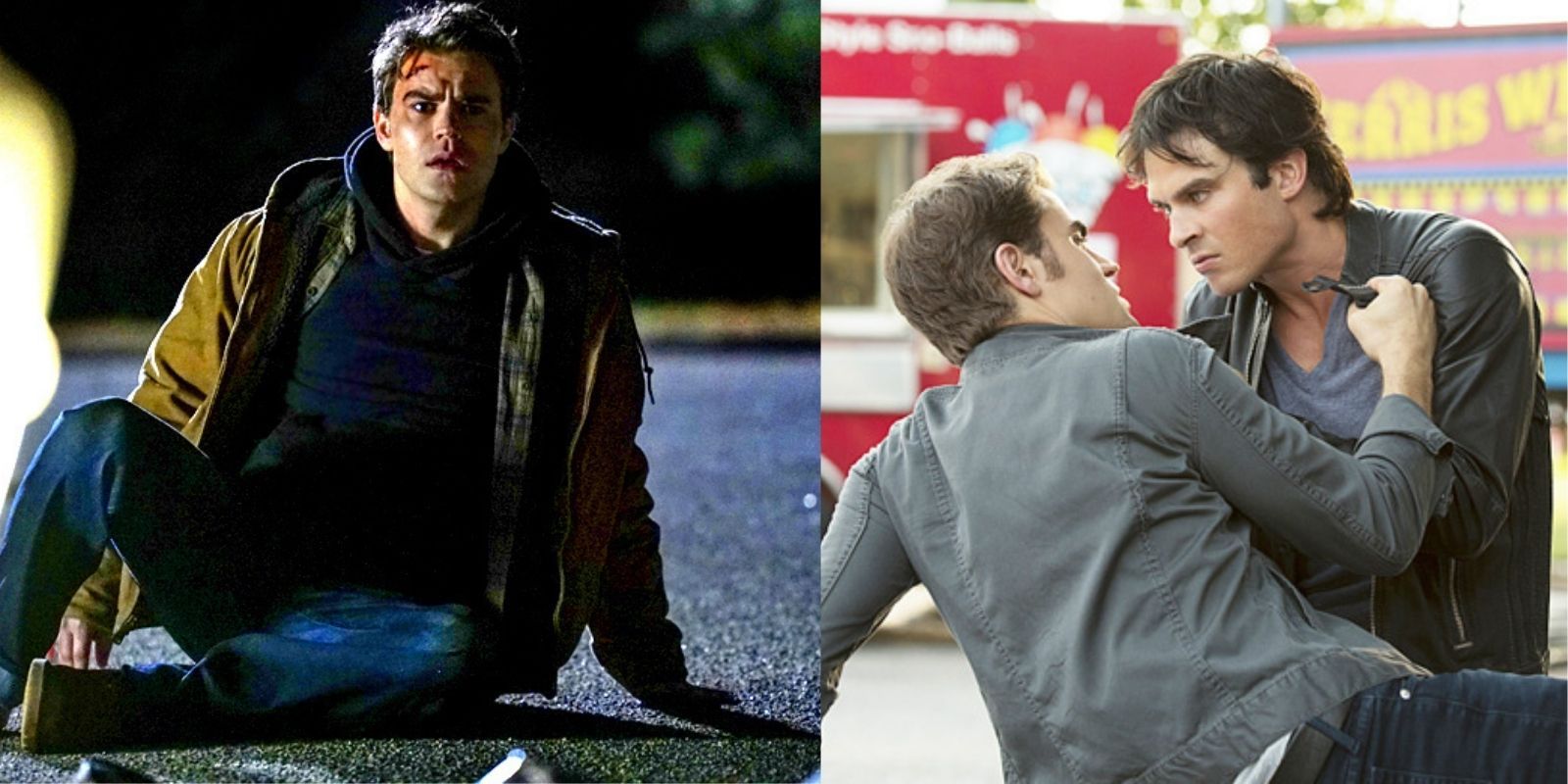 Stefan as a human and Damon and Stefan fight 