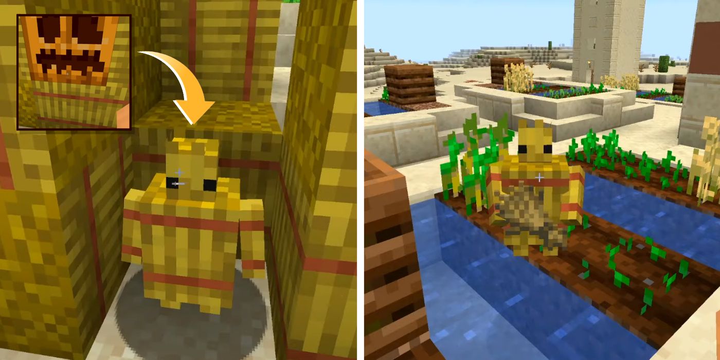 An image of a Straw Golem in Minecraft surrounded by blocks next to another Straw Golem who is harvesting wheat
