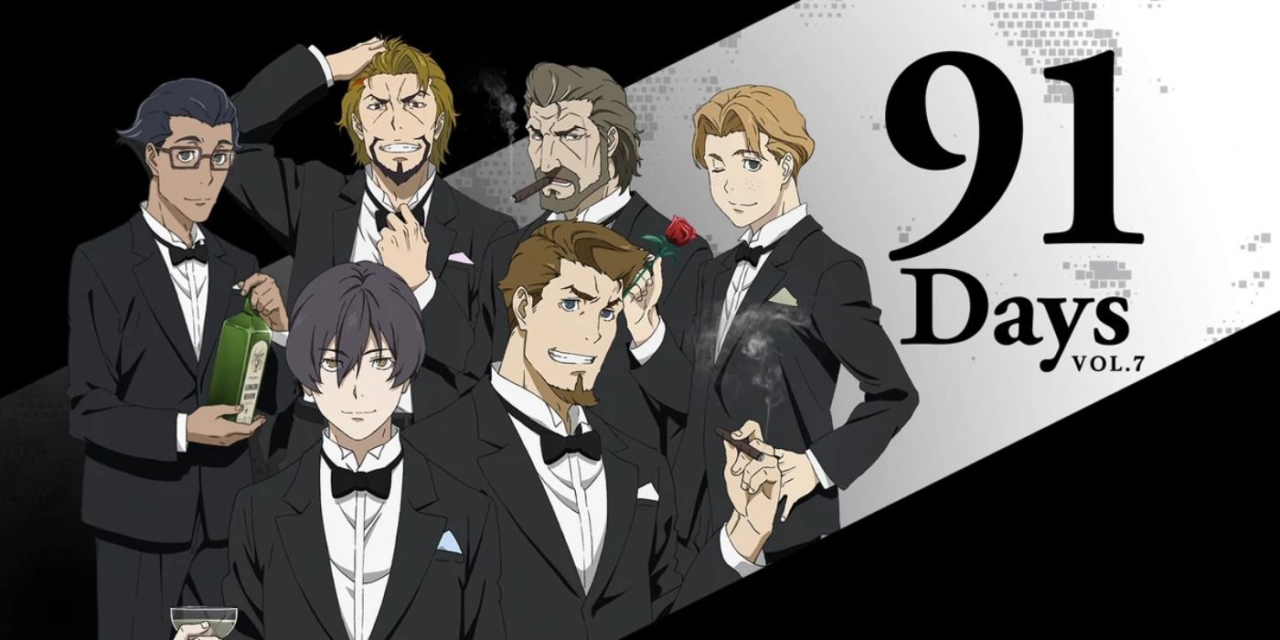 The main cast of 91 Days dressed in tuxedos in anime key art.