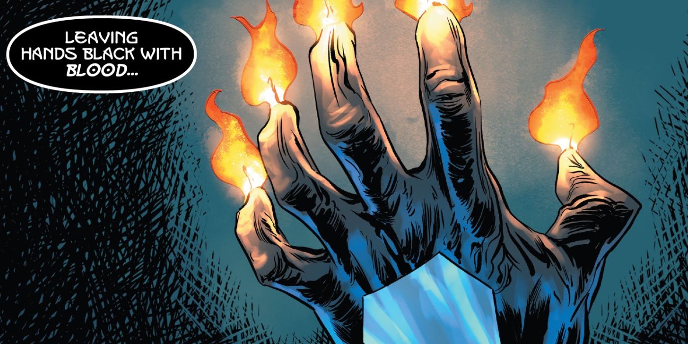 Comic book panel: A symbiote hand with candles for fingertips.