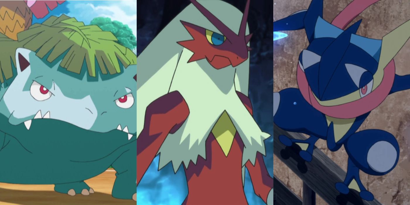 Split image of Venusaur, Blaziken, and Greninja in the Pokémon anime.