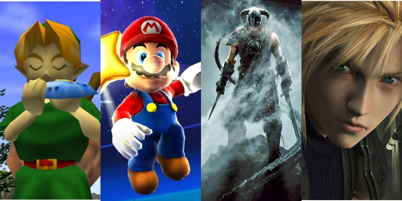 A quad-split image showing the games Zelda, Mario, Skyrim and Final Fantasy VII in order from left to right.