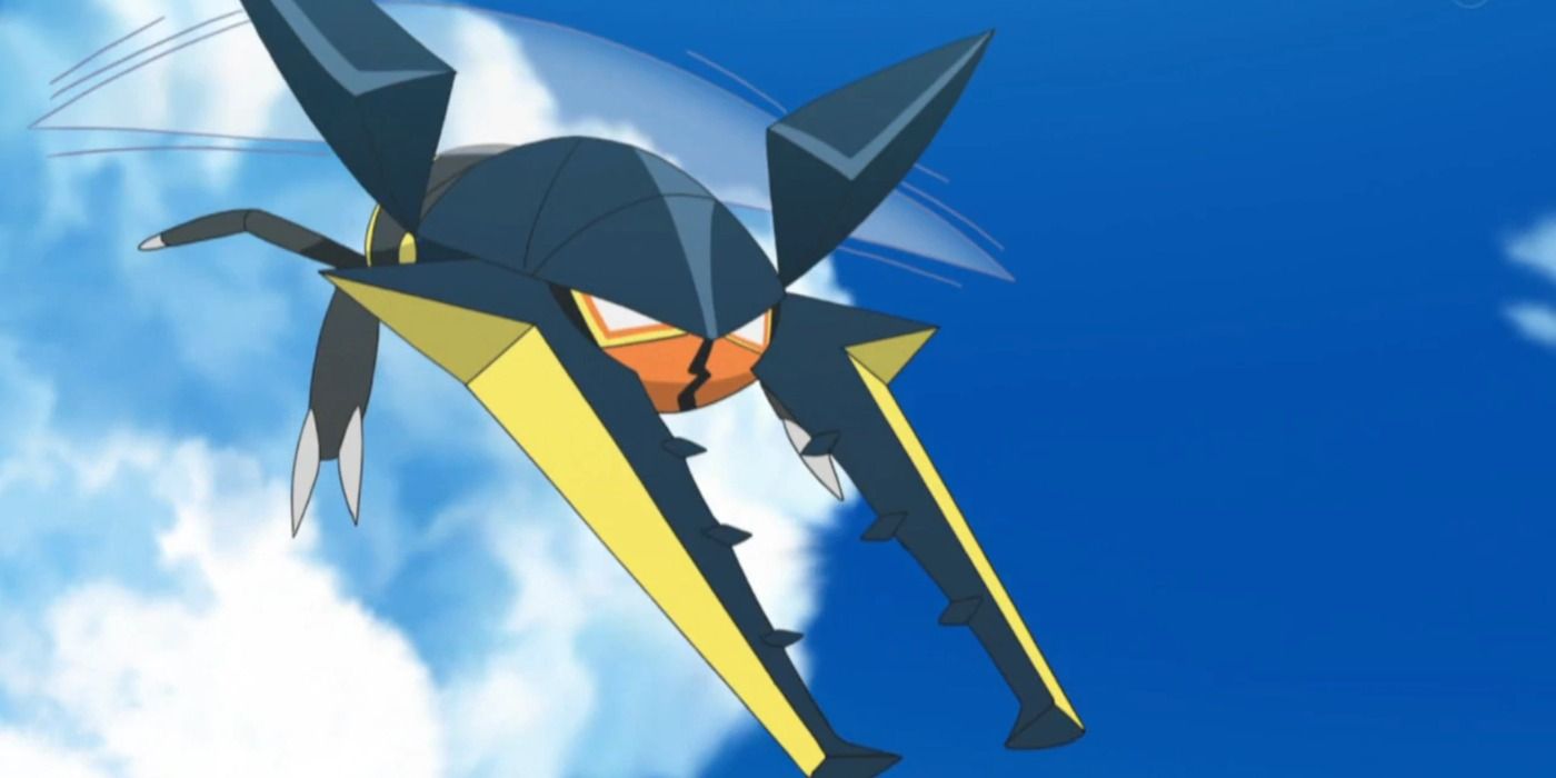 Vikavolt hovering in the air in the Pokémon anime.