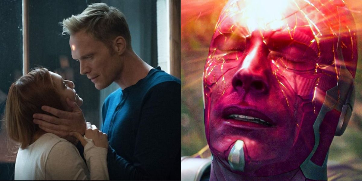 Split image of Vision and Wanda embracing, Vision kneeling as mind stone is destroyed in Infinity War