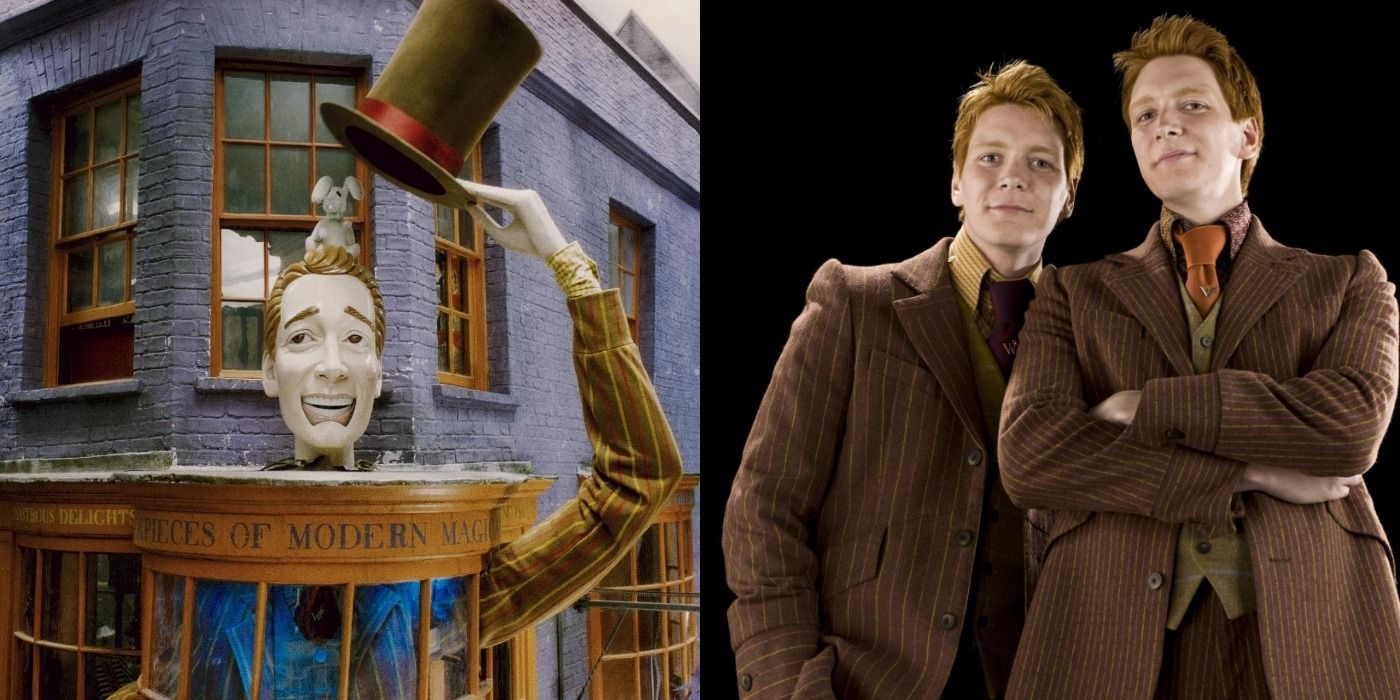 Uma imagem dividida mostrando a loja Weasley's Wizard Wheezes à esquerda e Fred e George Weasley à direita de Harry Potter. 