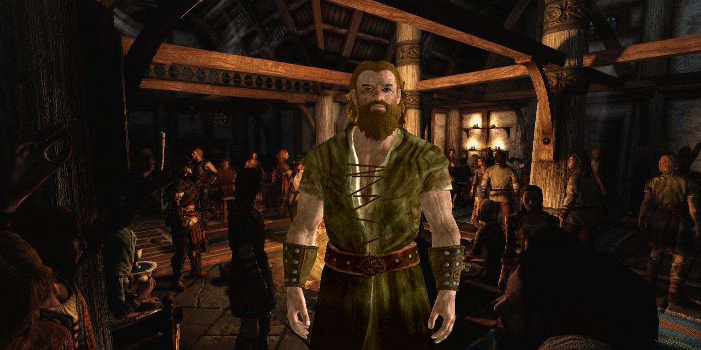 Embry, Skyrim's Riverwood Drunk, superimposed over a busy tavern