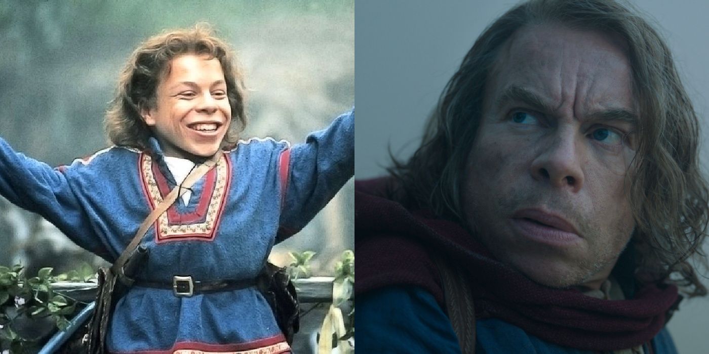 Split image of Warwick Davis as Willow from 1988 movie and 2022 series.