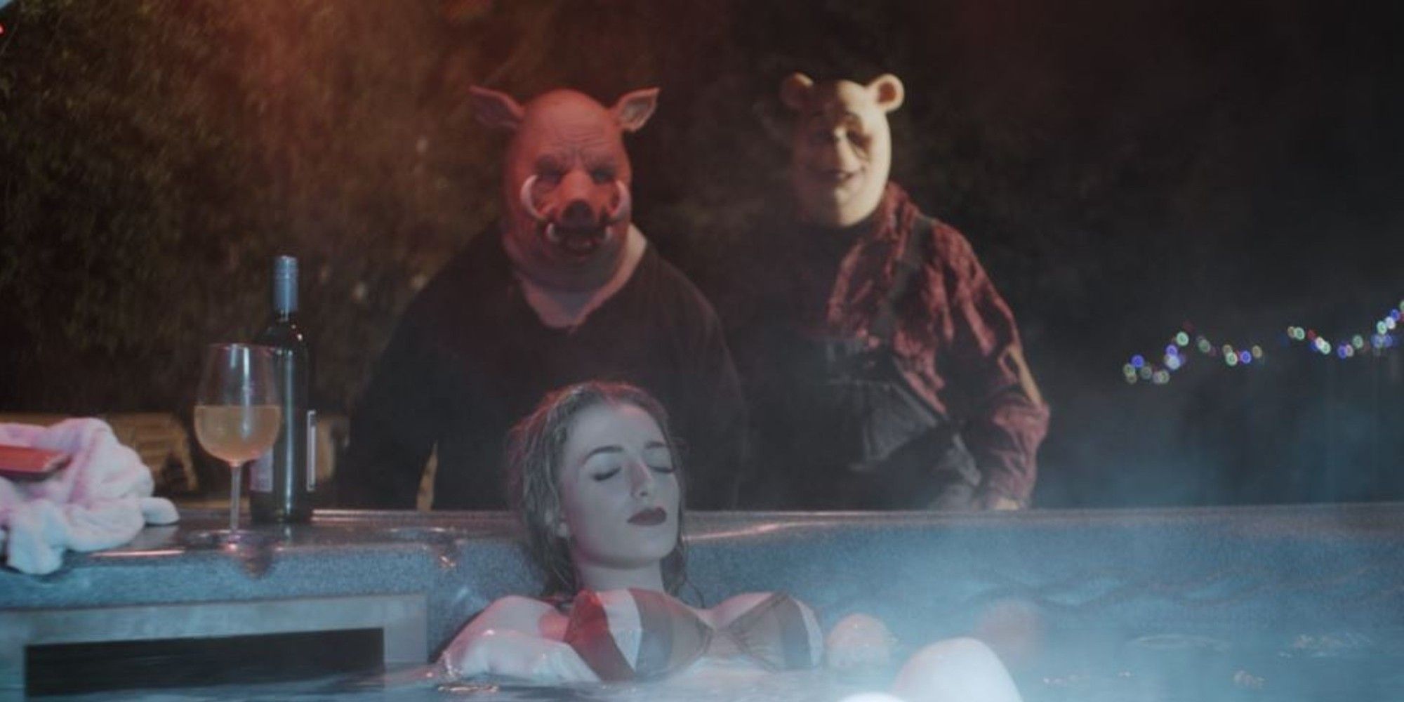 Piglet and Winnie sneaking behind a girl in a jacuzzi in Winnie The Pooh horror film