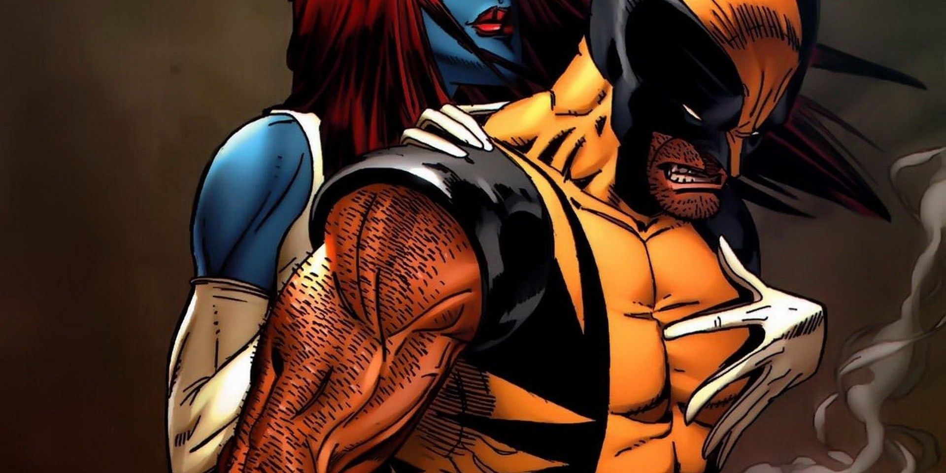 Mystique standing behind Wolverine with her arms wrapped around him