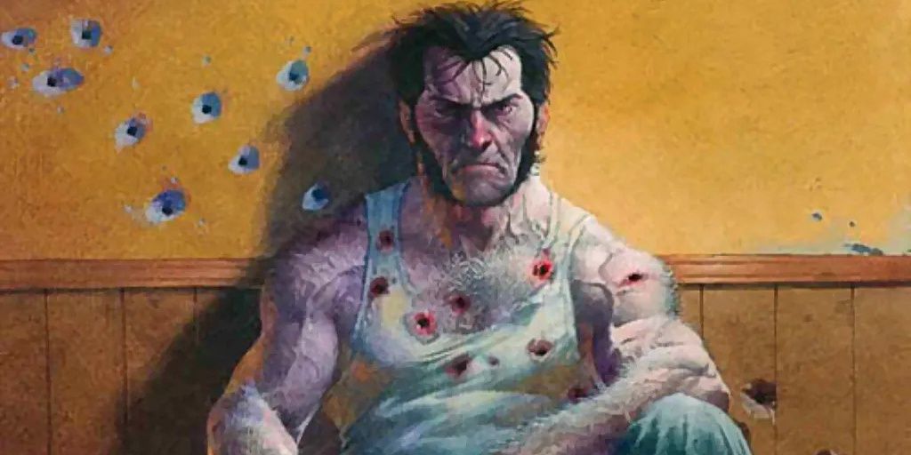 Wolverine sitting with an angry expression and bullet holes through his chest