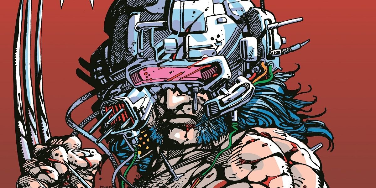 Wolverine with a metal helmet and wires sticking into his bloody body, standing with his claws out.
