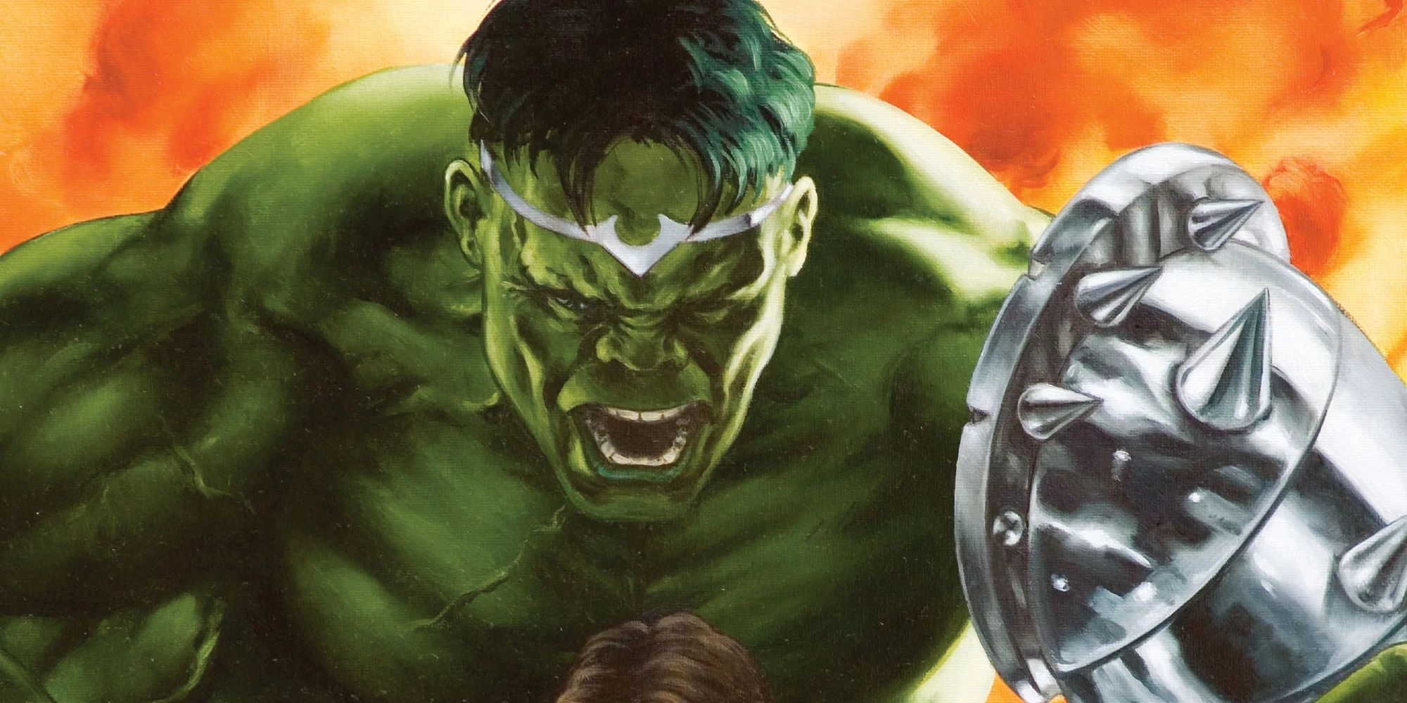 An angry Hulk with armor yelling at civillians.