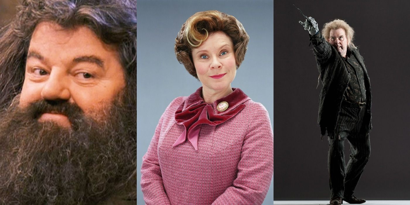 a tri-split image showing, from left to right, Hagrid, Umbridge, and Pettigrew from Harry Potter