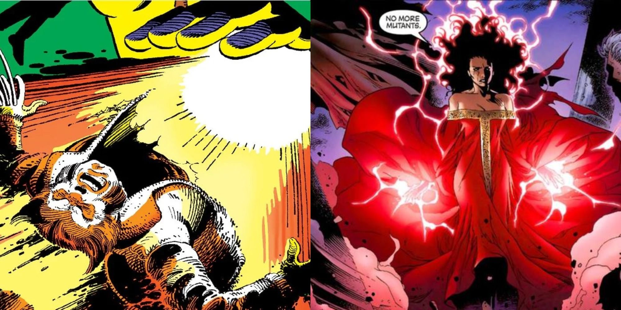 Split image of Wolverine dying in Days of Future Past and Wanda saying no more mutants in House of M.