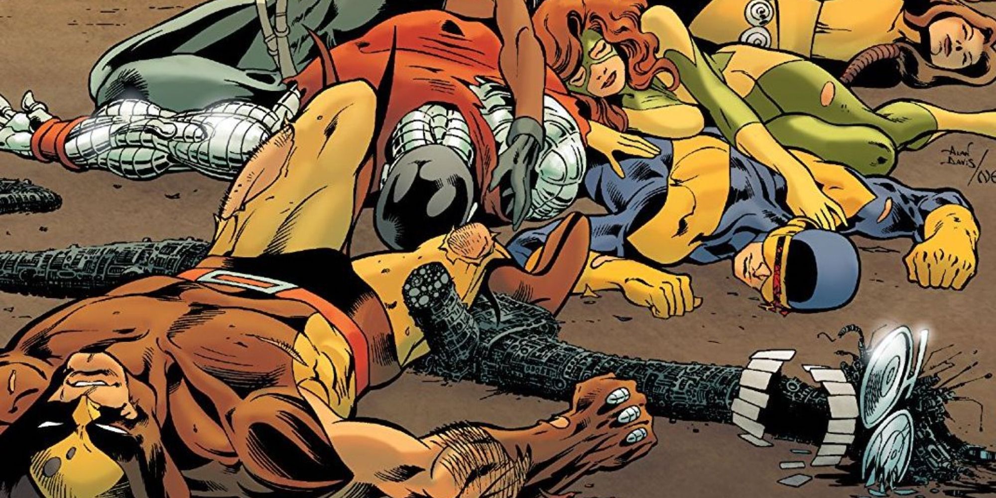 X Men lie defeated in The Fall of the Mutants comics.