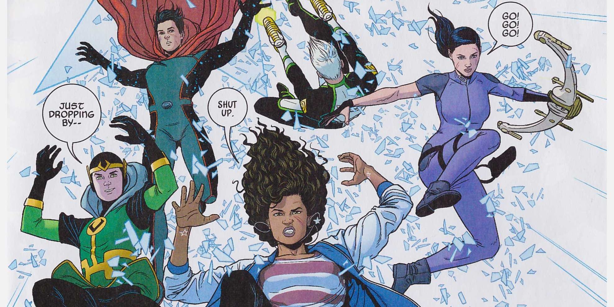 Kid Loki, Wiccan, Speed, America Chavez and Kate Bishop falling into another universe.