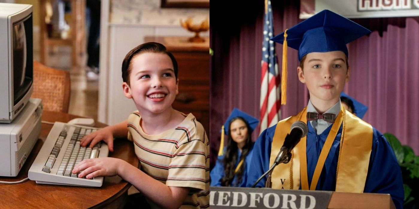 A split image showing Sheldon sitting at a computer on the left and Sheldon at his graduation on the right from Young Sheldon
