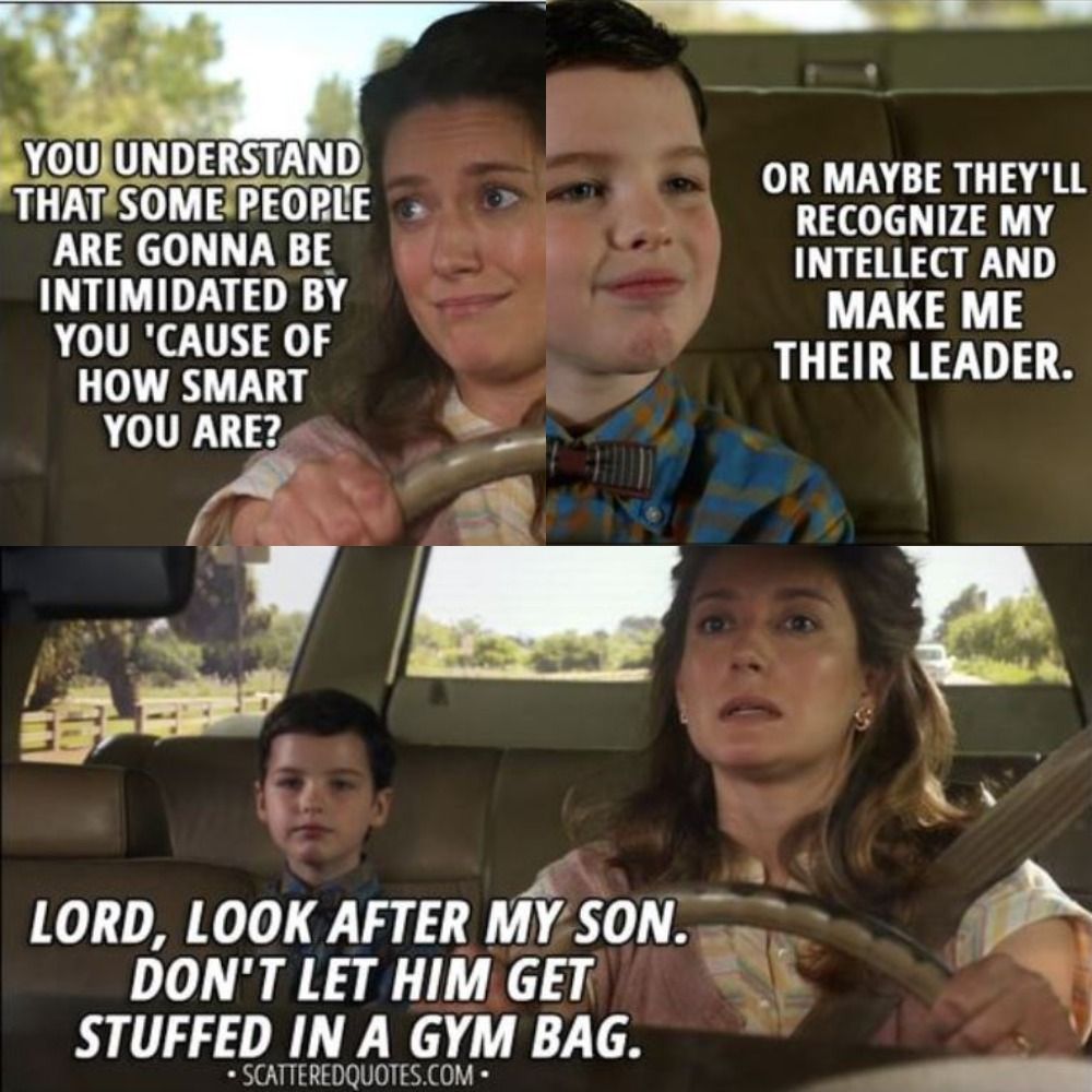 Mary driving Sheldon to school on his first day of High School in Young Sheldon