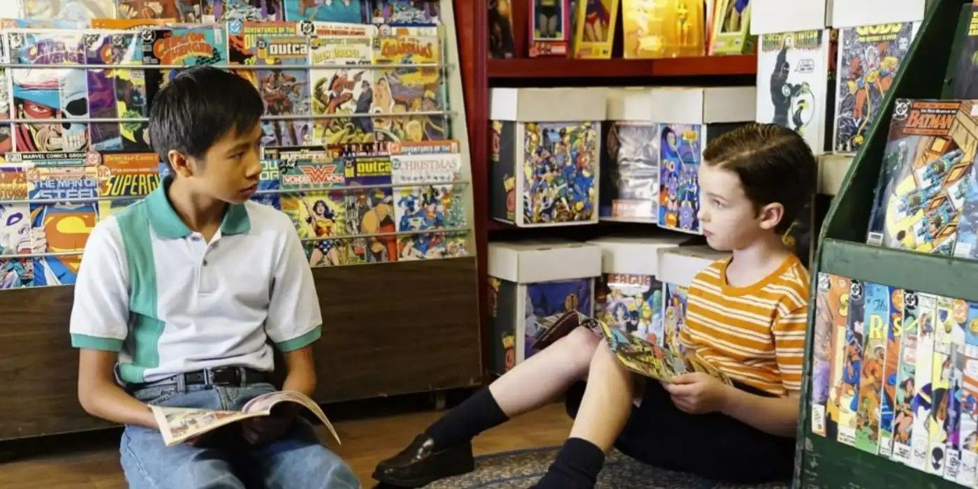 Sheldon sitting with Tam in the comic book shop in Young Sheldon