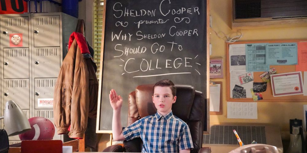 Sheldon sits in class before a chalkboard in the season 3 finale of Young Sheldon
