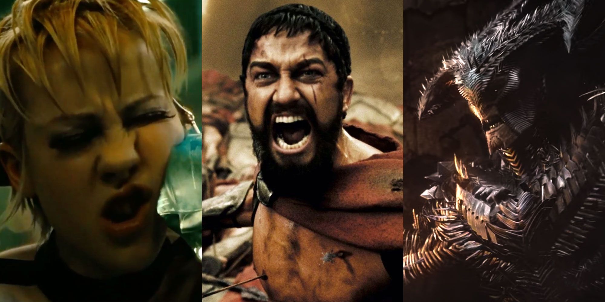 Split image of scenes from Sucker Punch, 300, and Justice League