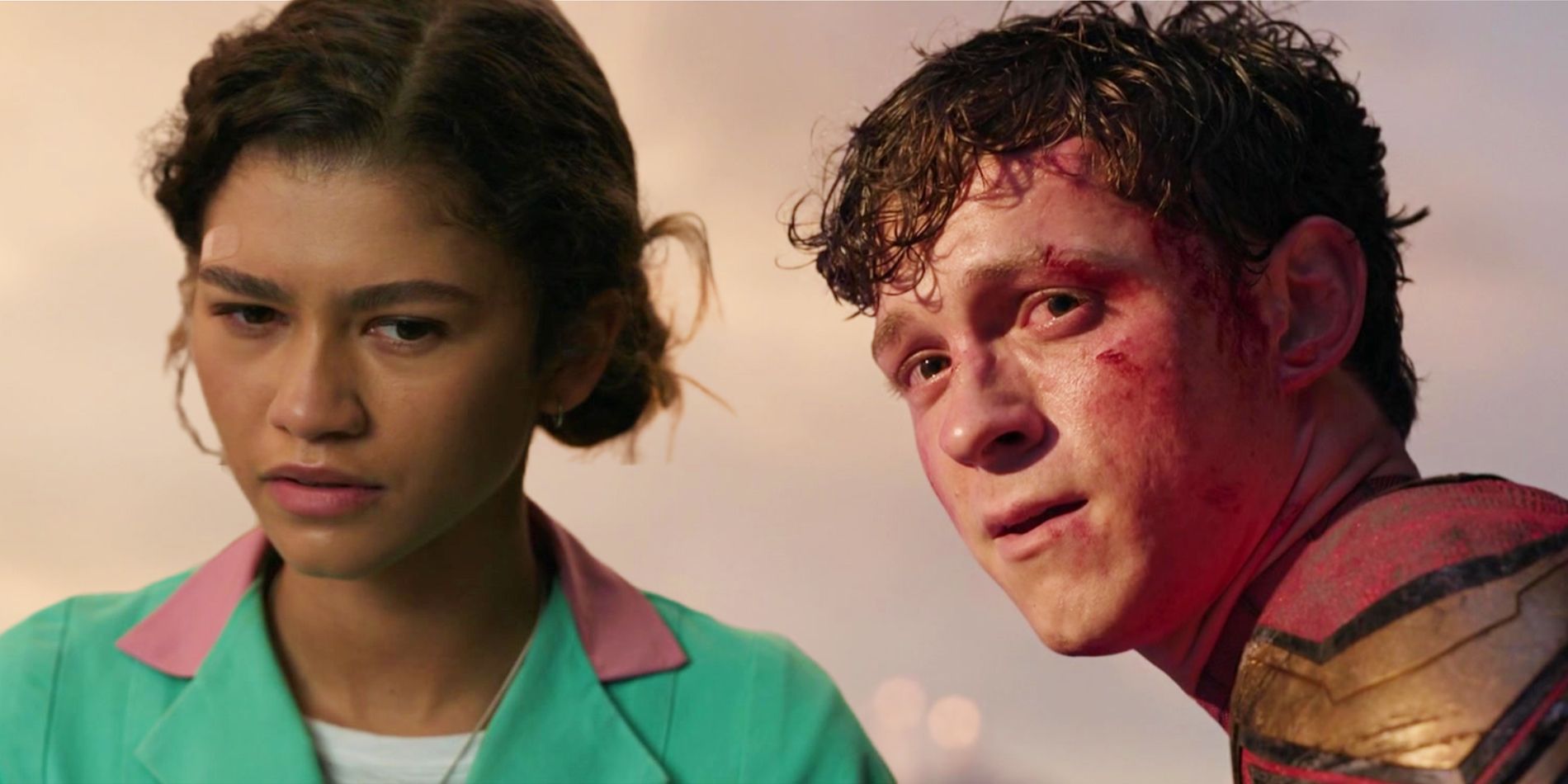Zendaya as MJ in No Way Home next to Tom Holland as Spider-Man without his mask.