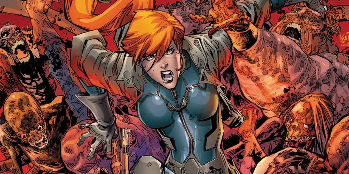 Elsa jumps through a horde of zombies from Marvel Zombies