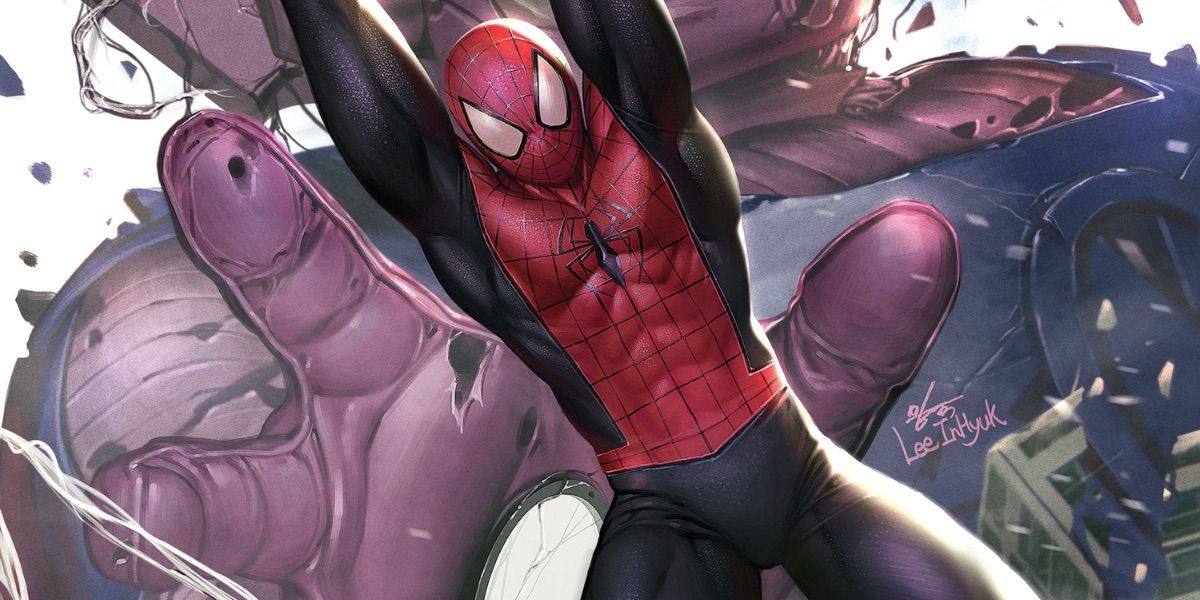 Spider-Man swings away from zombie Galactus in Marvel Zombies