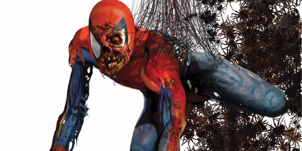Zombie Spider-Man crawls through spiders from Marvel Zombies