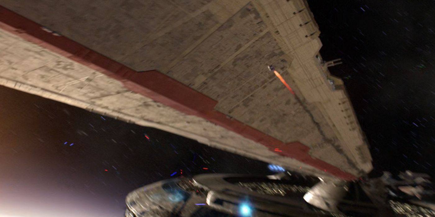 a kitchen sink launches through the air toward a republic venator class star destroyer during the opening shot of star wars episode 3 III revenge of the sith