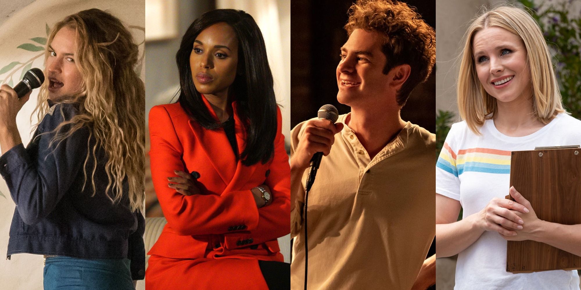 Split image of Lily James, Kerry Washington, Andrew Garfield, and Kristen Bell